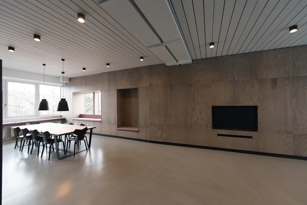 A meeting room set for a working session