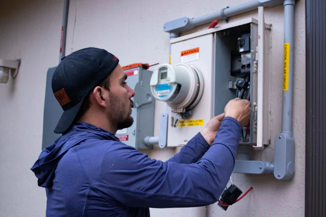 A service technician working on an exterior electrical panel